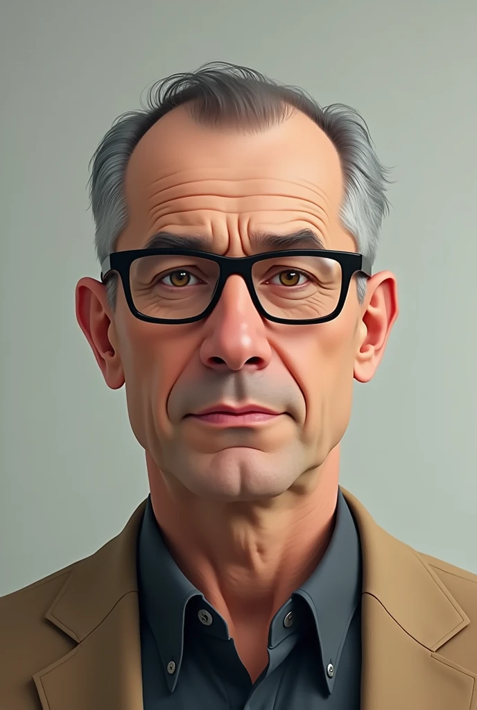 A man with little hair, no beard, 40 years old, hazel eyes and square glasses