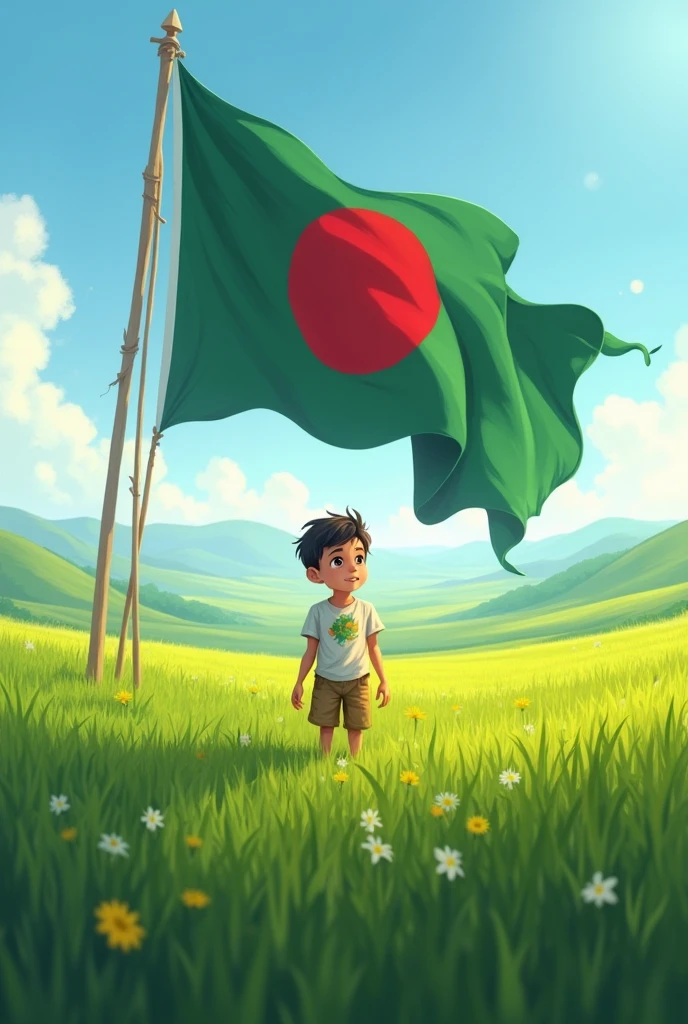 A young boy in a field with bangladesh national flag