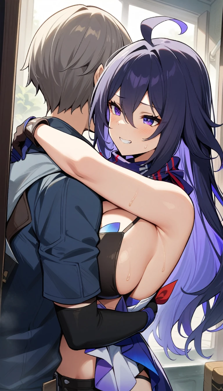 1girl, huge tit,grin,1boy, hugging each other, masterpiece, best quality, very aesthetic, absurdres,,1girl, seele \(honkai: star rail\), honkai \(series\), long hair, ahoge, grey hair, breasts, bare shoulders, gloves, hair between eyes, purple hair, scarf, blue hair,in bathroom,floating_clothes,