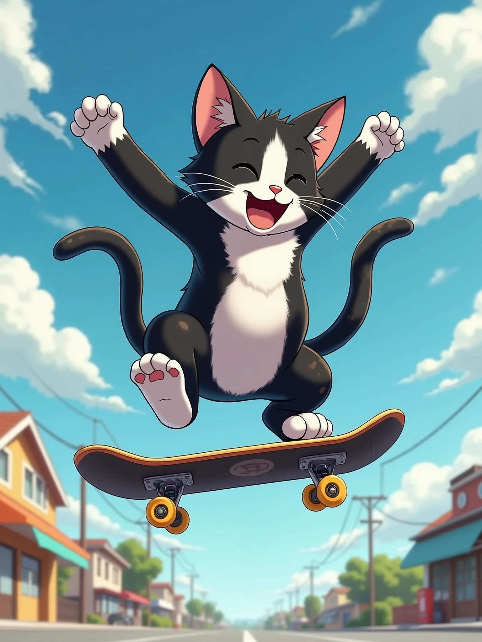 anime style, super fine illustration, highly detailed, dynamic angle, beautiful detailed, 8k, On a summer day, BREAK a black and white cat performs an advanced trick on a skateboard, spinning in mid-air. BREAK The cat has a joyful expression as it enjoys the ride