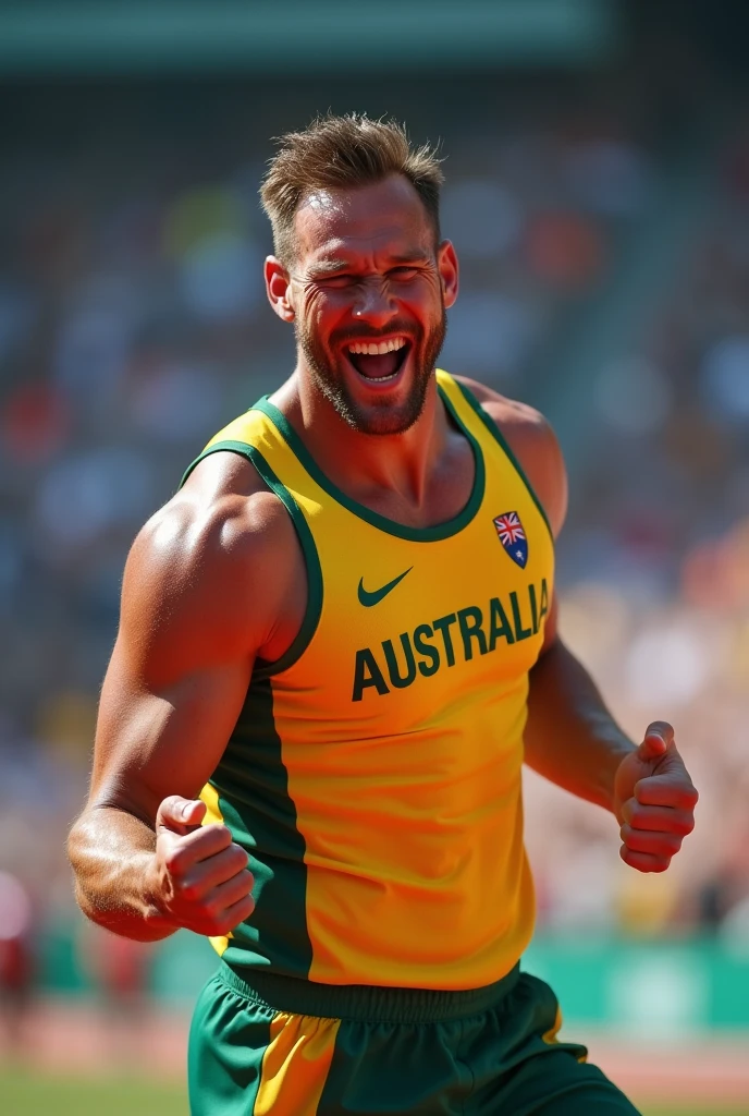 an athlete from australia won the race and smiling towards his friends in the audience full screen pic 

