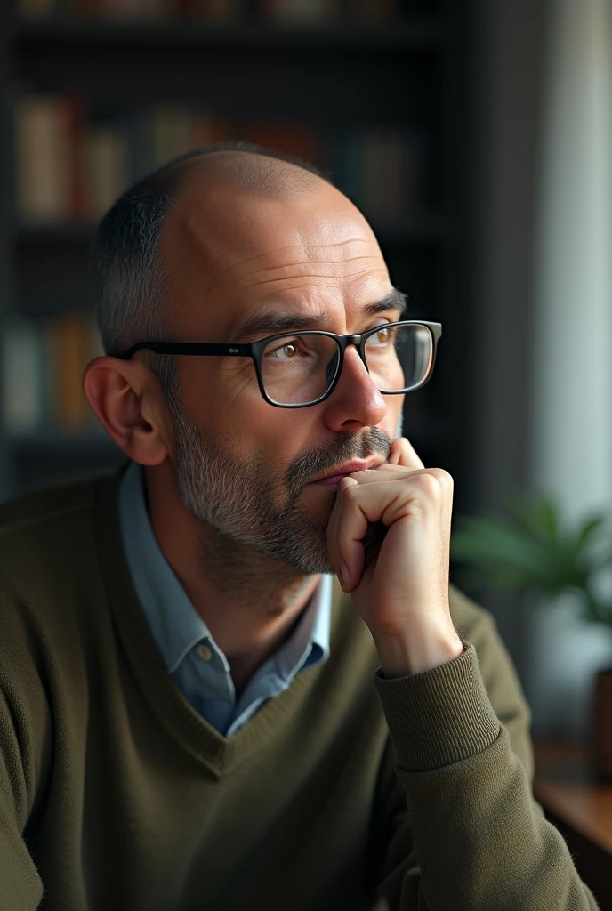 A man with little hair, no beard, 35 years old, hazel eyes and square glasses