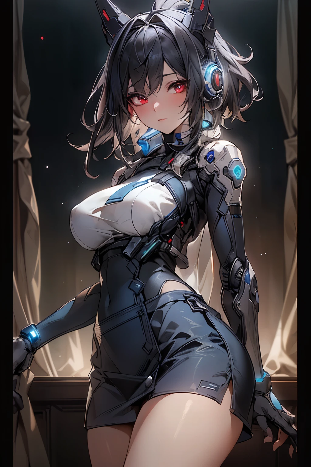 ((best quality)), ((Masterpiece)), (details:1.4), 3d, HDR (high dynamic range), woman, เหมือนจริง, Curtain Bangs, Black hair, Red eyes, จมูกโด่ง, PBR surface, After processing, Anisotropic filtration,depth of field, Maximum clarity and clarity, multi-layered surface, perfect proportions, 8K raw files,(wearing huge glowing blue scifi cobalt mask and headphones with complex electronics), evening, short skirt