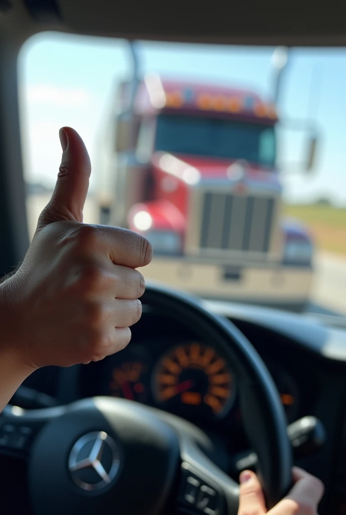 A image taken from a phone with thumbsup from the driver and mc 044119 on his truck