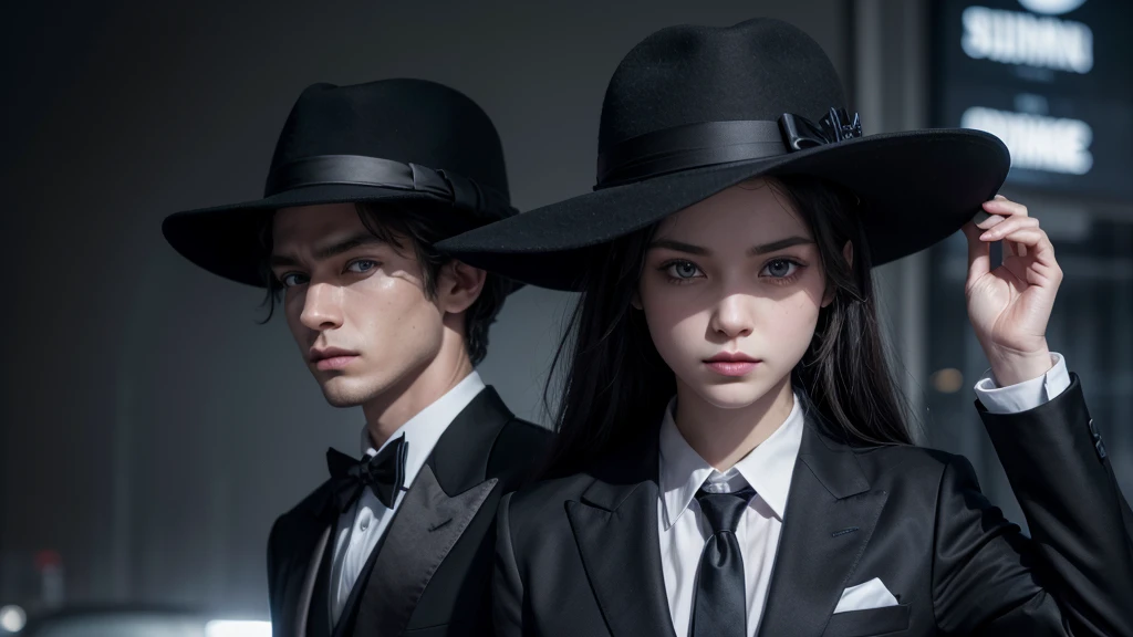 create a banner of 2 well dressed suit and black tie, with black hat, that they have a blue brain in their hands with red eyes, that the background of this image is falling dollars is that this banner is 4k ultra realistic