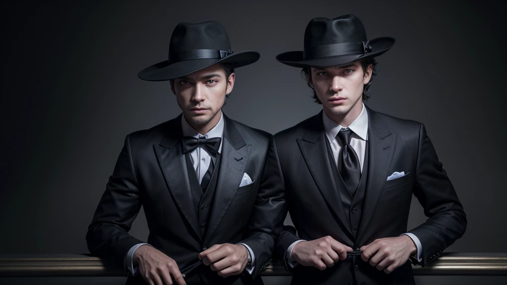 create a banner of 2 well dressed  suit and black tie, with black hat, that they have a blue brain in their hands with red eyes, that the background of this image is falling dollars is that this banner is 4k ultra realistic