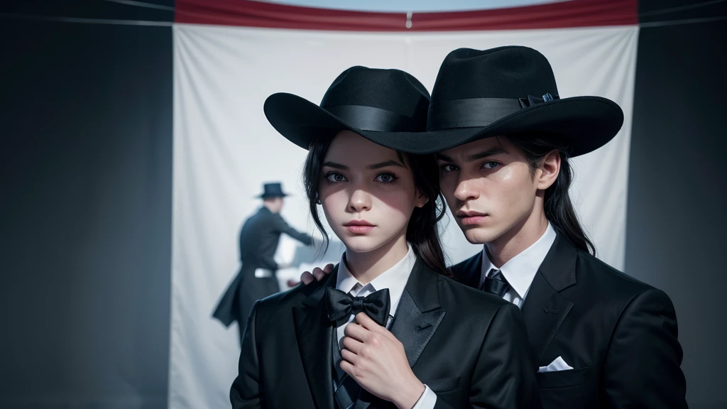 create a banner of 2 well dressed  suit and black tie, with black hat, that they have a blue brain in their hands with red eyes, that the background of this image is falling dollars is that this banner is 4k ultra realistic