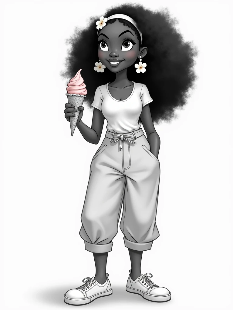 princess Tiana holding ice cream, wearing casual clothes, carly hair, flowery hairband, cartoon vision, Disney vision, white wallpaper, simple look, regular person, white and black vision, high quality