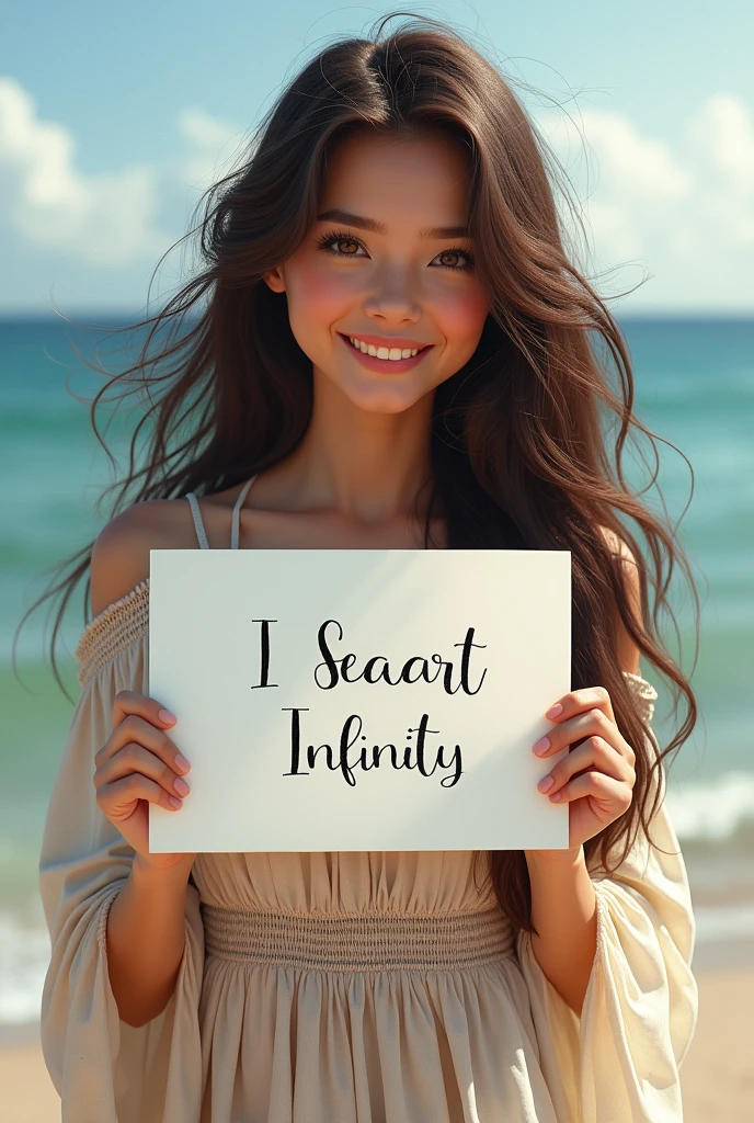 Beautiful girl with wavy long hair, bohemian dress, holding a white board with text "I Love Seaart Infinity" and showing it to the viewer