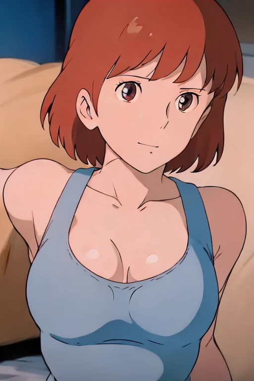 (masterpiece, Highest quality, High resolution, Anime screenshots, Anime Color, 8k, Realistic), Nausicaa, One girl, alone, Brown Hair, (eyeをそらす, Cleavage), Upper Body, Large Breasts, (White tank top), Put your arms behind your back, bed, (Perfectly detailed anatomy, Beautiful Face&eye, Beautiful Skin, Perfect body)