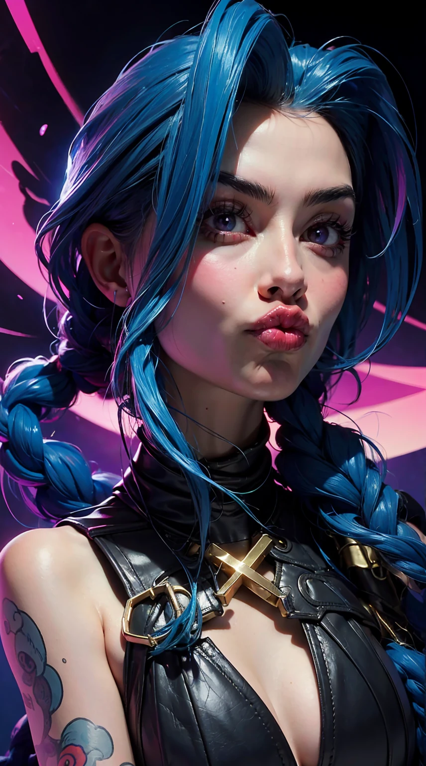 [Core Concept]
A close-up portrait of Jinx, the infamous criminal mastermind from the League of Legends universe.

[Character Description]
Jinx is depicted with her signature electric blue hair, wild and untamed, framing her mischievous face. Her eyes are filled with a gleam of unrestrained joy and a hint of madness, reflecting her chaotic and unpredictable nature.

[Environment/Background]
The background is blurred and indistinct, allowing the focus to remain solely on Jinx's captivating features.

[Style and Atmosphere]
The image has a gritty, neon-infused aesthetic, capturing the edgy and high-intensity vibe associated with Jinx's character.

[Composition]
The composition is tightly framed, drawing the viewer's attention directly to Jinx's expressive face and emphasizing the intensity of her gaze.

[Details and Embellishments]
Jinx's makeup is bold and striking, with sharp lines accentuating her features and a vibrant, almost fluorescent color palette that adds to the overall sense of energy and chaos.

[Technical Specifications]
The image is rendered with a high level of detail, showcasing the intricate textures and vibrant hues that bring Jinx's iconic appearance to life.