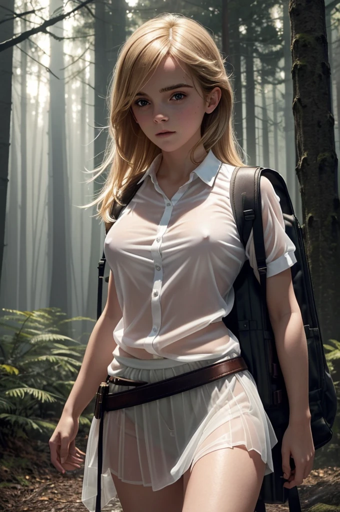 An extremely beautiful, cute, athletic blonde white woman with medium sized breasts who looks like Emma Watson is walking alone in a very dark forest. She is wearing a tiny see through translucent skirt. and her breasts and vagina are clearly visible. She is otherwise naked. She is carrying a large backpack. She is wearing a gun in a holster belt. Closeup