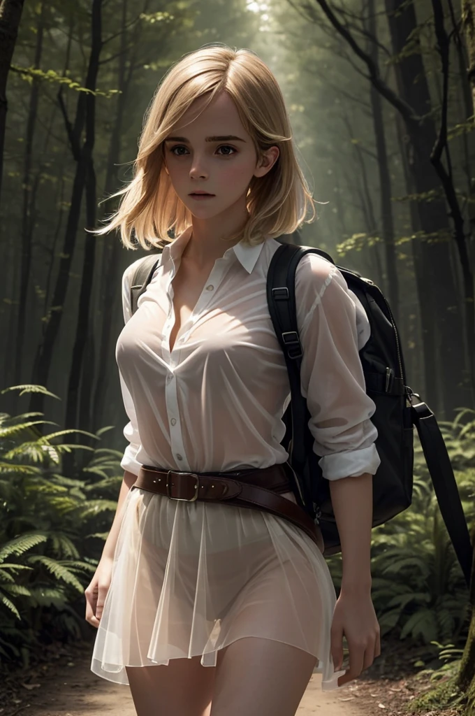 An extremely beautiful, cute, athletic blonde white woman with medium sized breasts who looks like Emma Watson is walking alone in a very dark forest. She is wearing a tiny see through translucent skirt. and her breasts and vagina are clearly visible. She is otherwise naked. She is carrying a large backpack. She is wearing a gun in a holster belt. Closeup