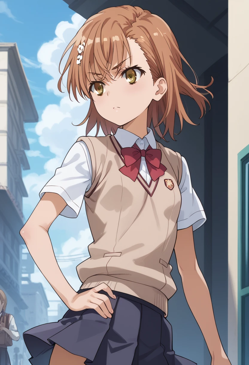 ((masterpiece,High resolution,Highest quality,8k)) Misaka Mikoto, BREAK, female, short light brown hair, amber eyes, BREAK, Small breasts, slender, BREAK: (Tokiwadai school uniform, mini skirt, brown vest, short white sleeve shirt), BREAK:  posing with her hip forward