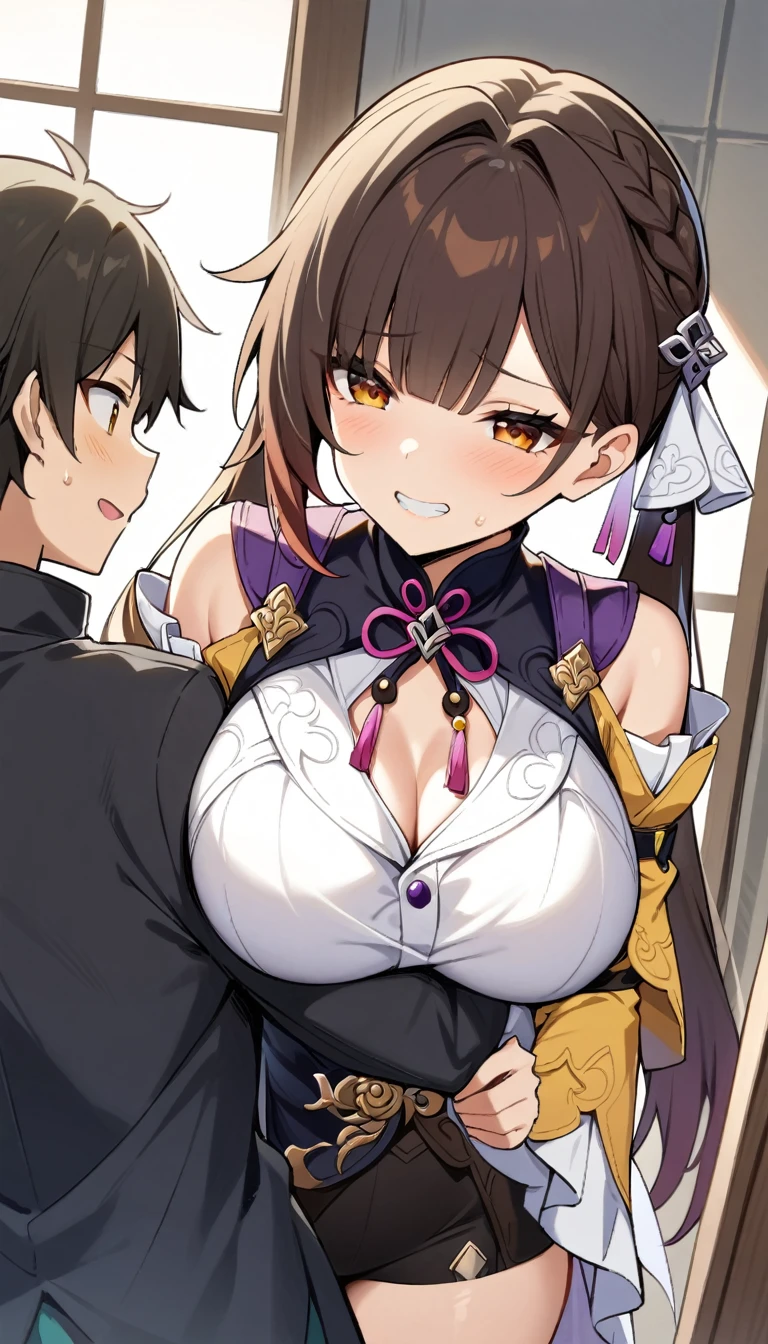 1girl, huge tit,grin,1boy, hugging each other, masterpiece, best quality, very aesthetic, absurdres,,1girl, sushang \(honkai: star rail\), honkai: star rail, brown hair, long hair, twintails, brown eyes, breasts, holding, long sleeves, open mouth, hair ornament, chinese clothes,in bathroom,floating_hair,