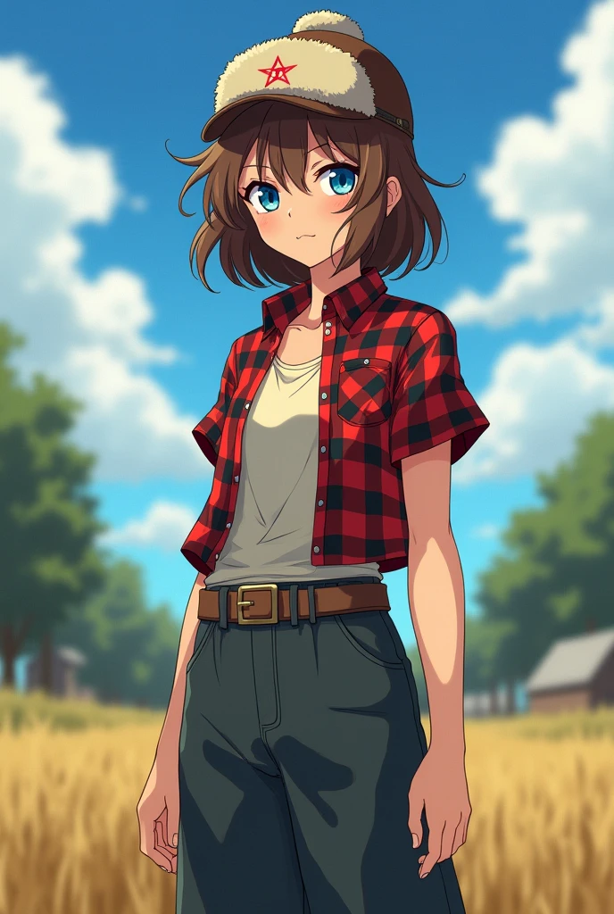 A young, slender girl, around 18 years old, with a serious and determined expression. She wears dark boots and wide pants, giving her a slightly rugged but confident look. She's dressed in an unbuttoned checkered shirt, underneath which she has a light-colored t-shirt. Her fluffy brown hair is slightly tousled, falling on her shoulders and peeking out from under a Soviet-style ushanka hat, adding a hint of intensity to her appearance. Her bright blue eyes, though serious, still reflect a quiet strength and resolve. In the ushanka, she looks both stylish and purposeful, as if ready to face any challenges that life in the countryside might bring. Imagine her in an anime style, where her strong features and determined personality stand out even more clearly.