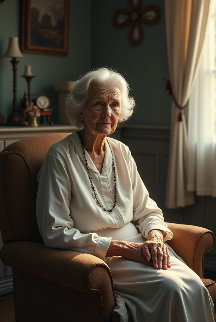 A white-haired woman quietly in her home