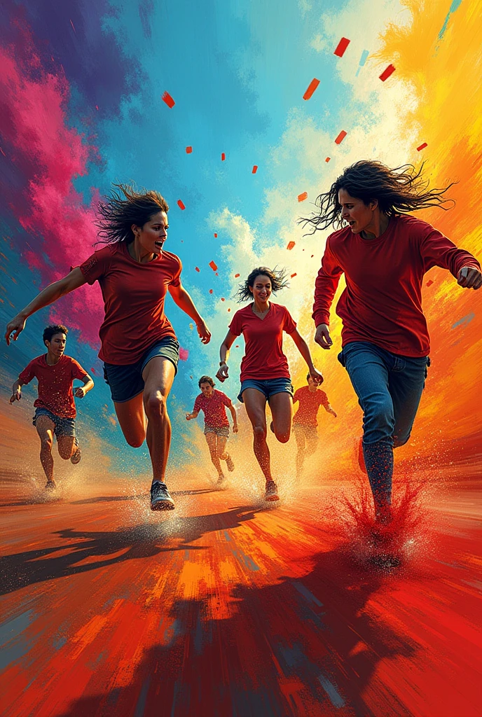 [Core Concept] A vibrant, energetic scene depicting a dynamic and exhilarating moment of action and movement.

[Character Description] Figures filled with kinetic energy, their bodies in motion, conveying a sense of intensity and vigor.

[Environment/Background] A bold, colorful backdrop that amplifies the energetic atmosphere, perhaps with abstract or surreal elements.

[Style and Atmosphere] A visually striking, almost explosive style that captures the raw, pulsing energy of the scene, with a sense of dynamism and vitality.

[Composition] A dynamic, asymmetrical composition that emphasizes the movement and flow of the figures, creating a sense of momentum and urgency.

[Details and Embellishments] Vibrant, bold colors; dynamic, expressive brushstrokes; and a sense of visual intensity that heightens the overall energy of the scene.

[Technical Specifications] A digital painting or mixed media artwork that showcases masterful technique and a bold, experimental approach to rendering the energetic subject matter.
