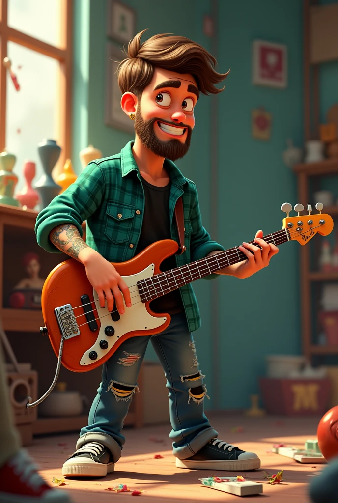 Create a Pixar Studio Style Poster! The character is a man, BROWN SKIN, rounded face, medium wavy hair, barba. possui piercing septril, snake bites and in the ear. has tattoos on his body. This black shirt dress with green plaid button down shirt, ripped jeans and sneakers. You find yourself in a messy room. He&#39;s playing a 4-string bass and posing.