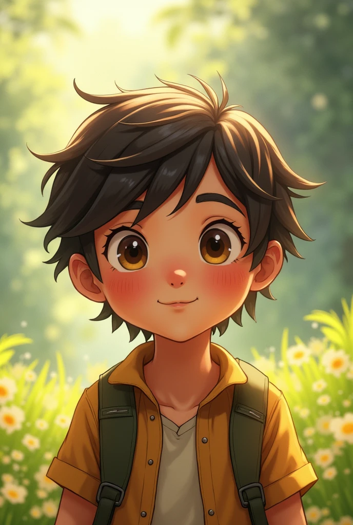 A boy, , with medium hair and hazel eyes 