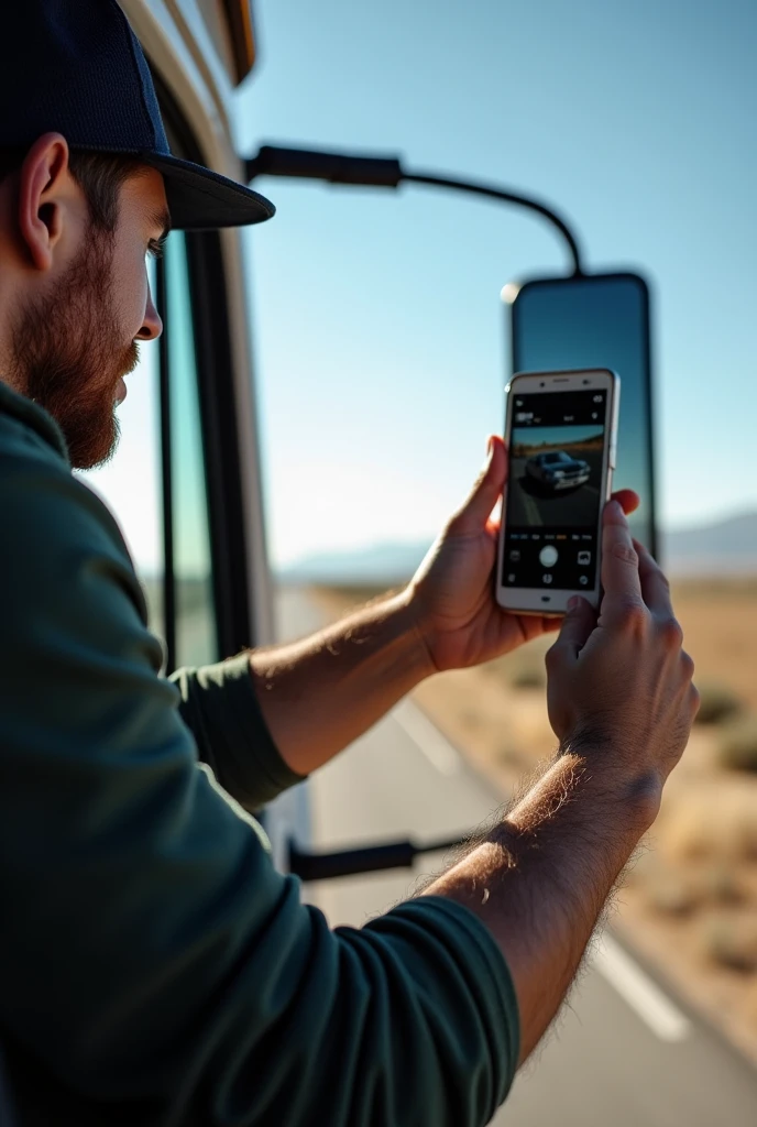 truck driver takes picture from the truck on the side with thubs up