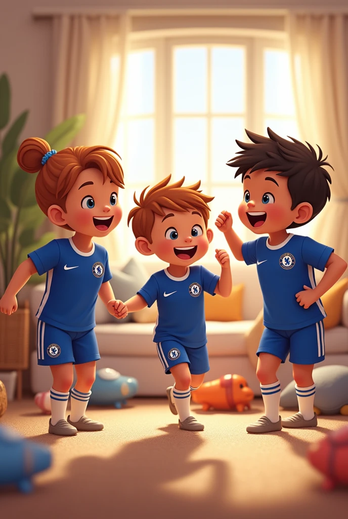Little kids wearing Chelsea jersey playing together in a room
