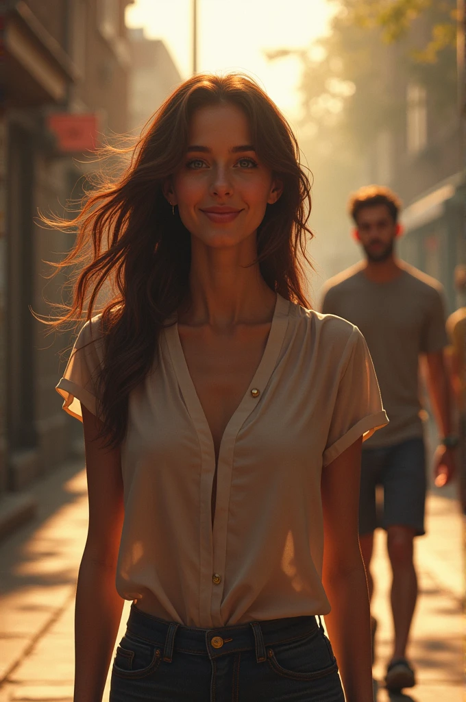 Smiling woman in front and sad man walking away in the background , realisitic