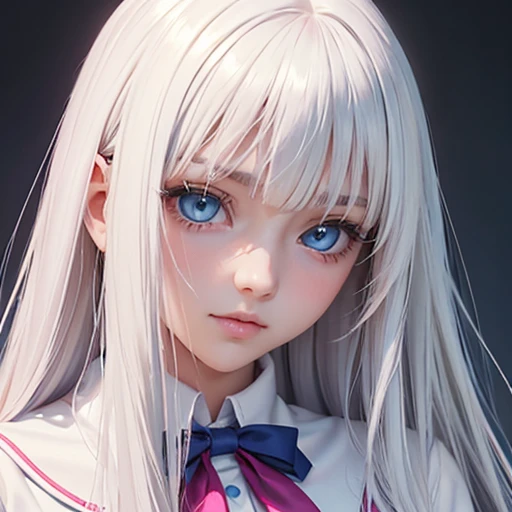 crystal clear big blue eyes、Super long platinum blonde hair、Bangs between the eyes、Smooth ultra silky straight hair、Pink school uniform、shiny young white beautiful skin、Sexy and very beautiful good looks、Beautiful and cute face、very beautiful 17-year-old girl、Large breasts, body closeup, nswf 