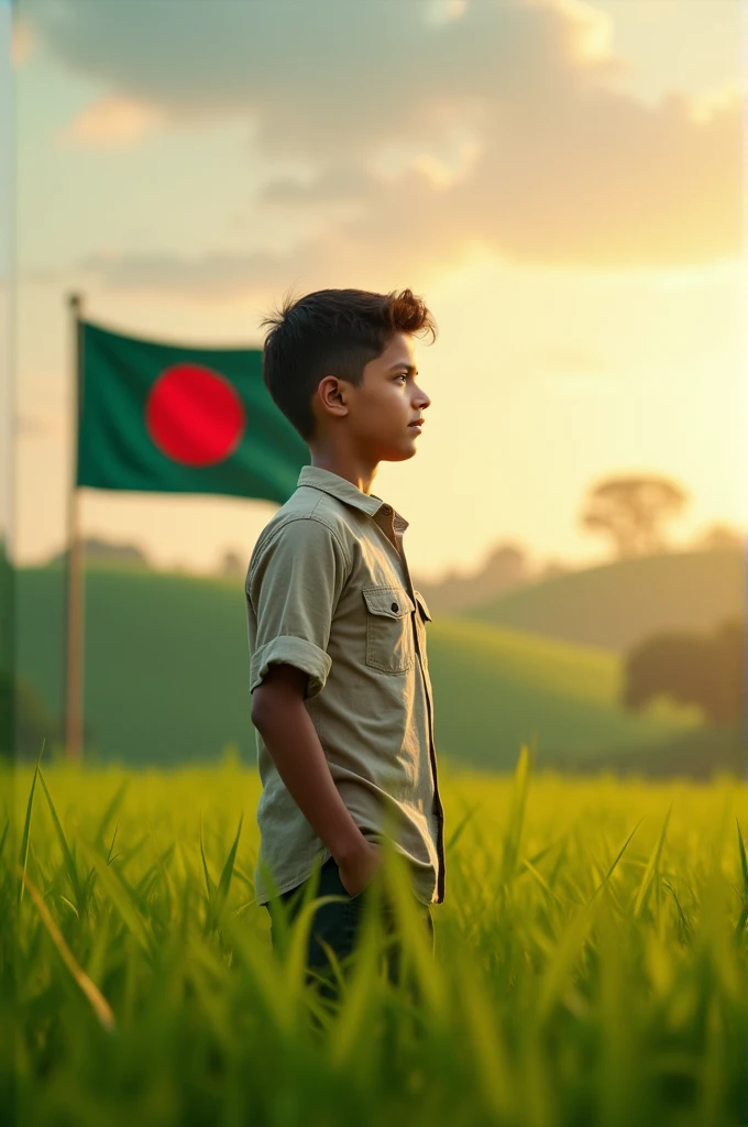 A 18 years old smart boy in a field with Bangladesh national flag