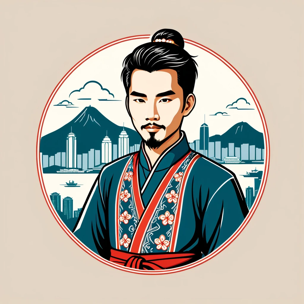 man in hong kong folk outfit, vector graphics, strong contours, logo design