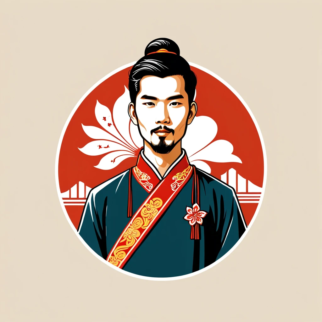 man in hong kong folk outfit, vector graphics, strong contours, logo design