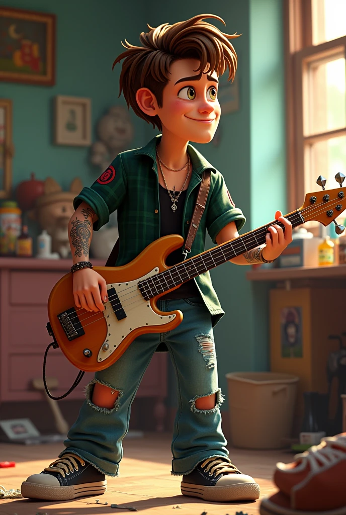 Create a Pixar Studio Style Poster! The character is a man, BROWN SKIN, rounded face, medium wavy hair, barba. possui piercing septril, snake bites and in the ear. has tattoos on his body. This black shirt dress with green plaid button down shirt, ripped jeans and sneakers. You find yourself in a messy room. He's playing a 4-string bass and doing a punk pose.