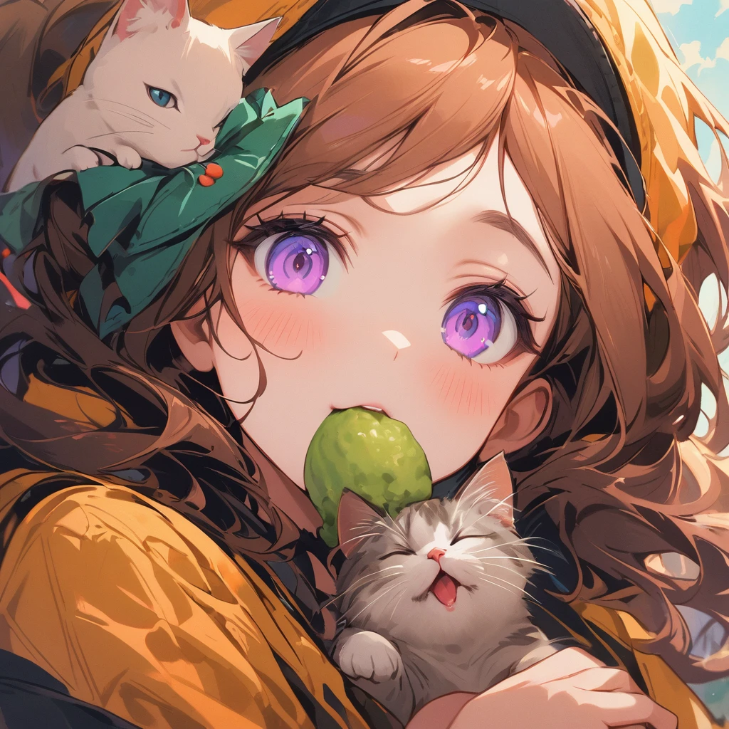 a cute girl with cat eating foods