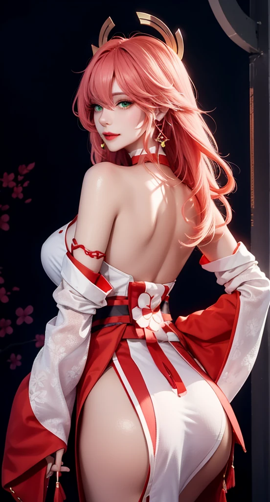 ((winter background)), ((Japanese showing background)), (((luminous background))), (turning back, (back shot), ass focus, brow front,:1.2), (Masterpiece, Excellent, 1girl, solo, complex details, color difference), realism, ((medium breath)), off-the-shoulders, big breasts, sexy, Yae Miko, long pink hair, red headdress, red highlight, hair above one eye, green eyes, earrings, sharp eyes, perfectly symmetrical figure, choker, neon shirt, open jacket, turtleneck sweater, graffiti, dim lighting, alley, looking at the audience, ((mean, seductive, charming)), tulle, bare shoulders, blooming flower fields, radiant skin, faint smile, sexy, bust, no breast cover, naked, cocked ass, tummy look