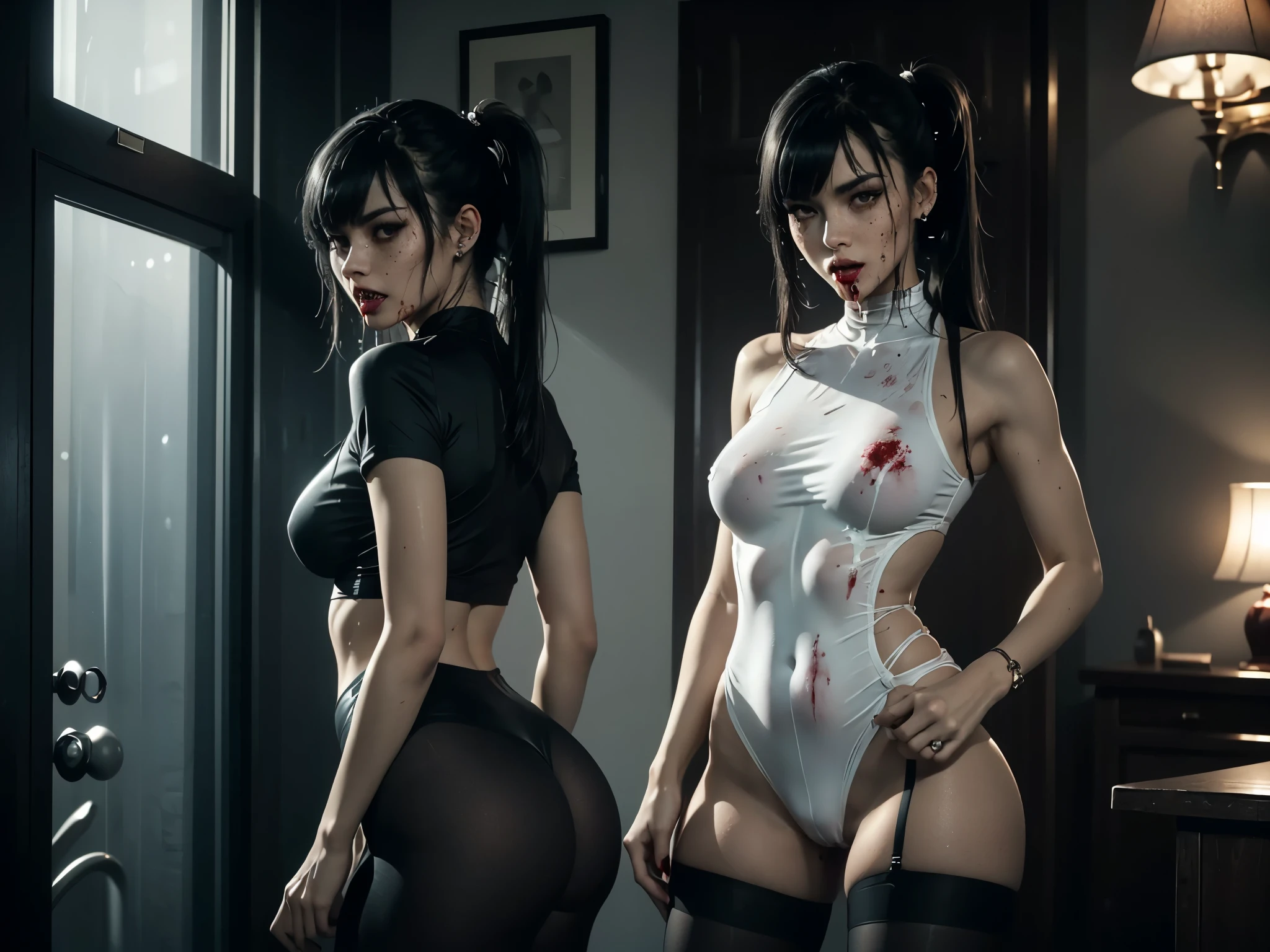 ((Pov blowjob)),, (she has your cock in her mouth), (((red dripping blood))), sexy and perfect tight heart shaped ass, ((female vampire with sharp perfect fangs)), (She is sucking on a man's penis to the hilt), she is biting into a man's penis with her sharp fangs, intense, super slutty, (skintight slutty and revealing bodysuit), ((skirt/pantyhose)), perfect legs and skinny thighs, pantyhose, ((perfect tight ass)), tight wet pussy, giantess, dread, impending death, sex, domination, ((Perfect eyes and face)), ((closed wet full lips)), ((perfect hands and fingers)), ((( a lot of white cum is dripping out of her pussy))), ((she has a skinny and toned strong body)), ((makeup)), ((freckles)), ((perfect eyebrows)), ((sharper edges)), ((perfect scary grey eyes)), perfect intimidating face, slut, sadistic, predatory, better detail on her skin, perfect face and strong jawline, perfect full wet lips, sadistic atmosphere, wet sweaty skin, more detail, beautiful intimidating grey eyes, ((beautiful horror)), better lighting, more toned muscles, perfect detail on her intimidating eyes, very tight underwear, ((tight pussy)), (((tighter clothing))), slutty, intense, perfect detail, tight and sexy, ((piercings)), skinny, skinny and strong, more skin showing, intense, slutty, freckles, long skinny perfect legs, scary and intense, she is a skinny and toned 25 year old sexy and perfect and intimidating Japanese/American skinny/tone futuristic evil retribuition alice, pale white skin, eye contact, (full tall body is shown), (((hair with short ponytails and bangs))), , perfect face and eyes, she has a skinny and athletic body wearing pantyhose, only her full body is shown above the viewer looking down at him, perfect face, perfect strong jawline, perfect lips, best resolution, perfect bone structure, femdom, she has a skinny and toned young perfect body and legs, tight stockings