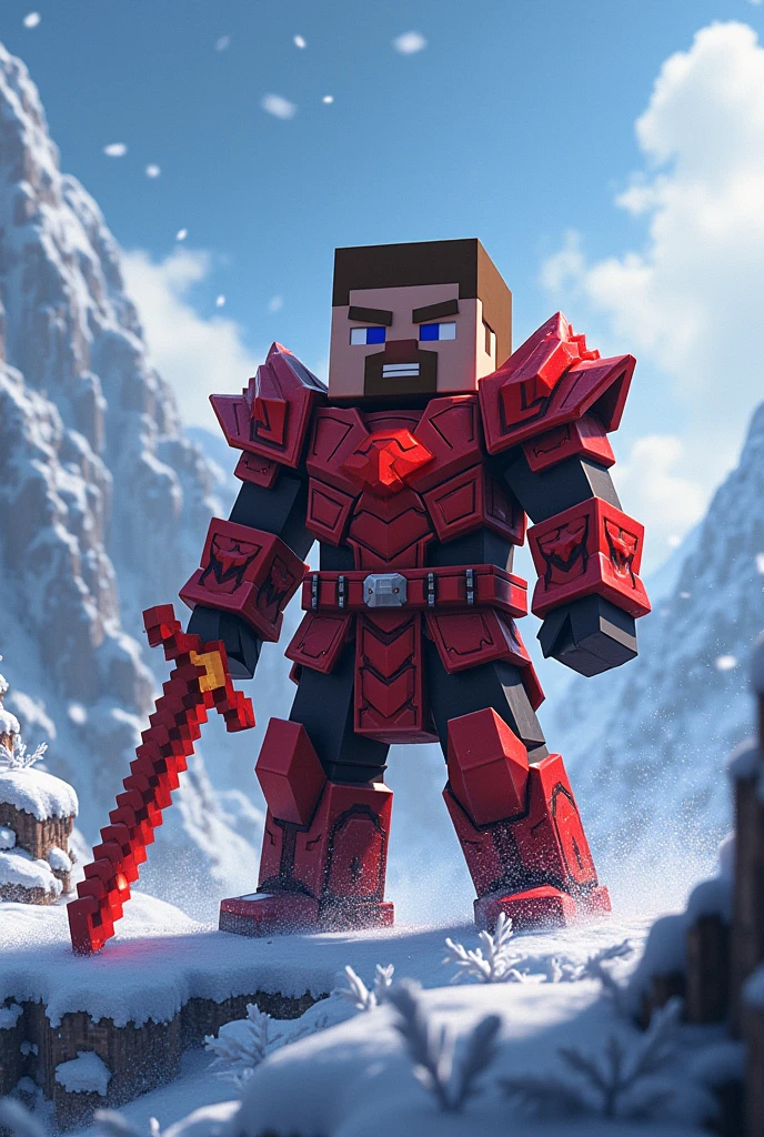 Generate an image for me with a Steve from Minecraft with red netherite armor with a sword in his hand and above his head the word One order written in the air,He was on a snowy mountain