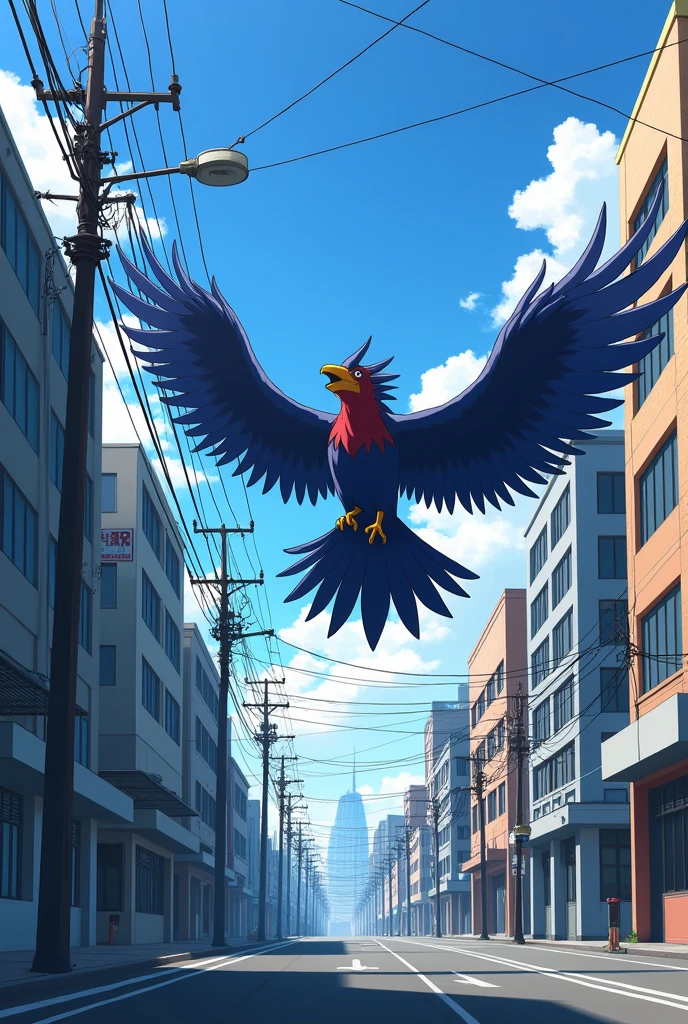 Draw a picture of a street and cities, let the road be seen, with wires on the lights and birds flying forward,as the way of passing through the street, a bird that looks big in anime style