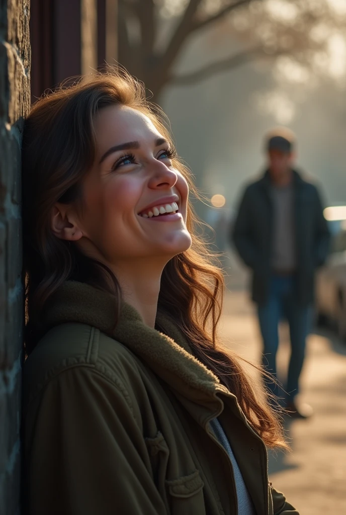 Smiling woman in front and sad man walking away in the background , realist 4k