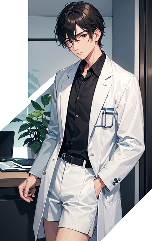 50 year old male doctor, wearing medical uniform, shorts black hair, doctor's clothing, white coat, green blouse, white pants, looking directly at viewer, white background.