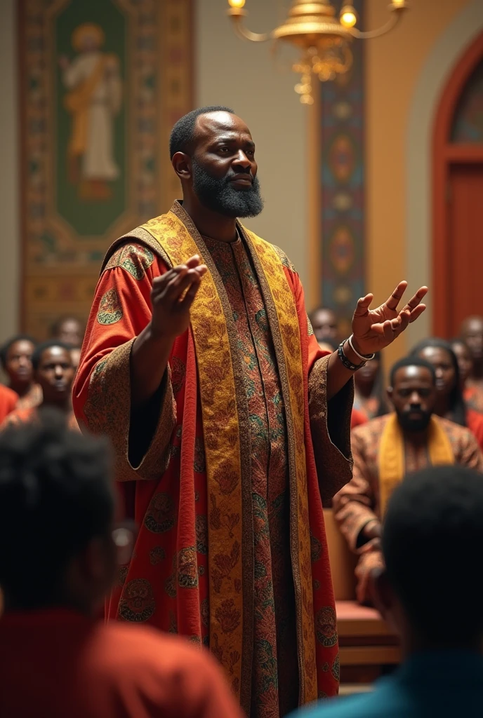 Create an image of an African type of pastor standing before his congregation 