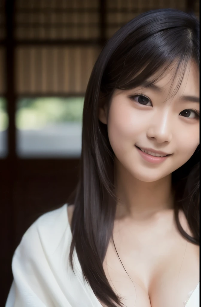 best quality, face focus, soft light, ultra high res, (photorealistic:1.4), RAW photo,(Shinozaki Ai), white skin, kawaii,
1 Japanese girl, solo, cute, (smile:1.2), (pupil, lights in the eyes), detailed beautiful face, Medium-sized breasts,(high resolution detail of human skin texture),(long hair),(portrait), upper body, white traditional kimono, no make
