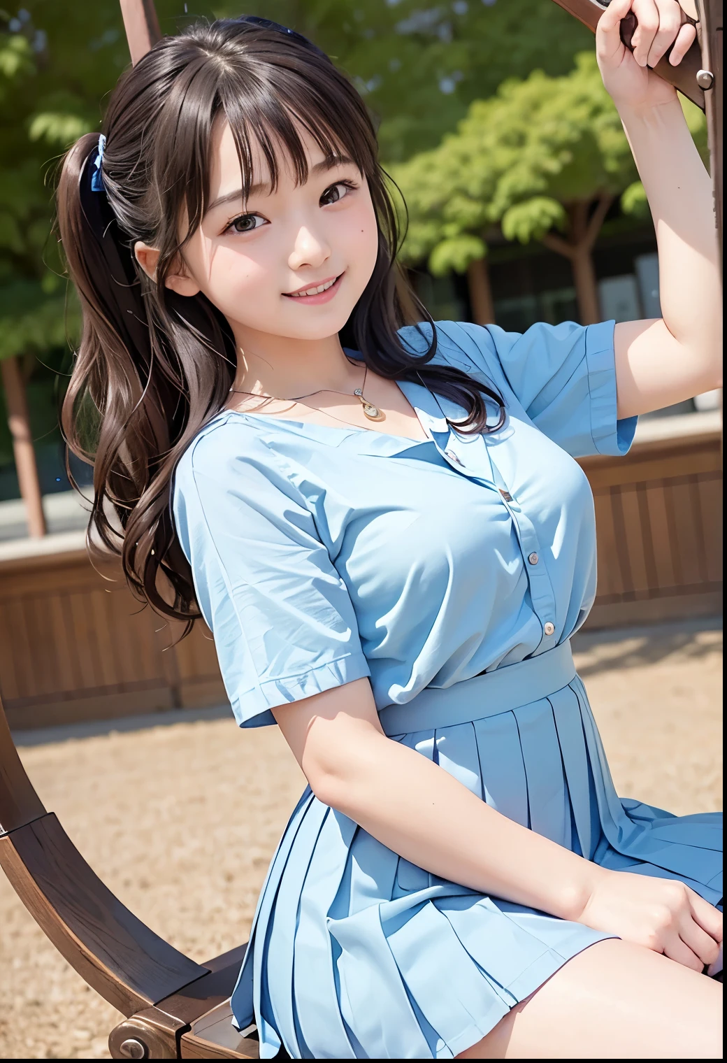 (Highest quality,masterpiece:1.3,Ultra-high resolution),(Very detailed、Caustics) (Realistic:1.4, RAW shooting、)Ultra-Realistic Capture、Very detailed、Natural skin texture、masterpiece、(A Japanese girl wearing a light blue blouse and pleated skirt:1.3)、Adorable expression、Expressions of happiness、10 years old、heigby Face、Pure girl、Amazinglyn tail hairly Hair、ribbon、Black Hair、Large Breasts、Shining thighs、Shining ass、necklace、Photographed on a merry-go-round at an amusement park、Background details、smile、An inviting gaze、(Anatomically correct)、Cowboy Shot、Attention to detail、