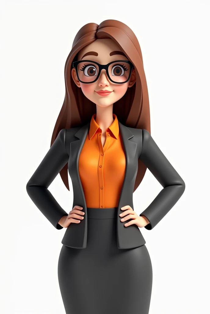 A stylized 3D illustration of a young latian woman looking professional and friendly. She has straight, flowing brown hair and wears black-framed glasses. She wears an office outfit consisting of a dark gray jacket and skirt, an orange shirt. The woman stands with a confident posture, with her hands on her waist. Behind her it has a white background