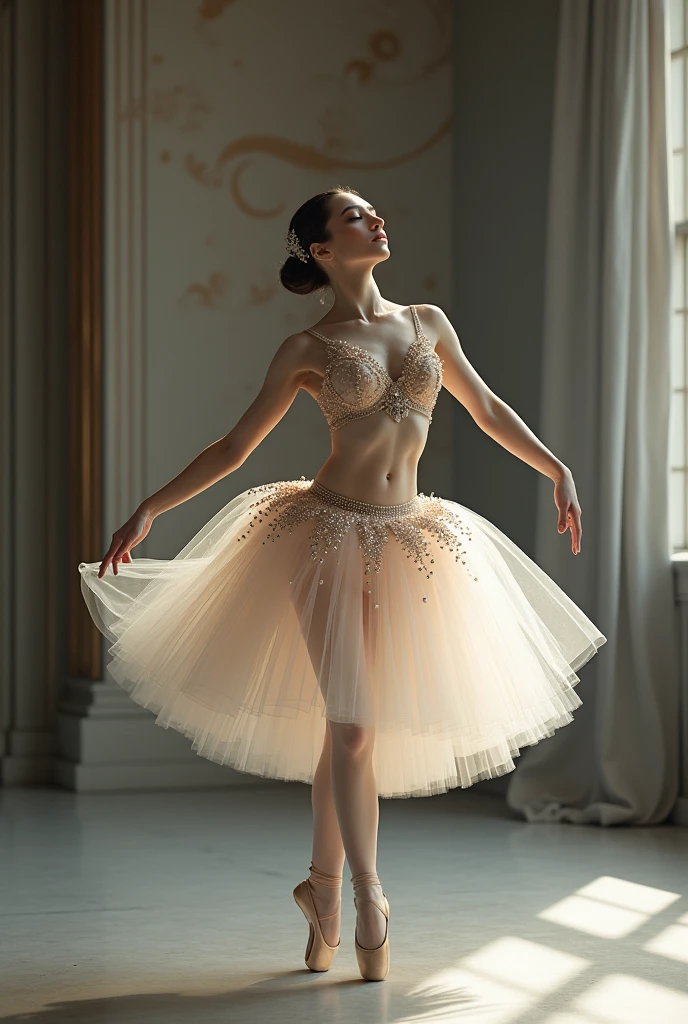 Ballerina posing in ballet costume with studded skirt Beautiful and luxurious conceptual photo High quality 8k No defects