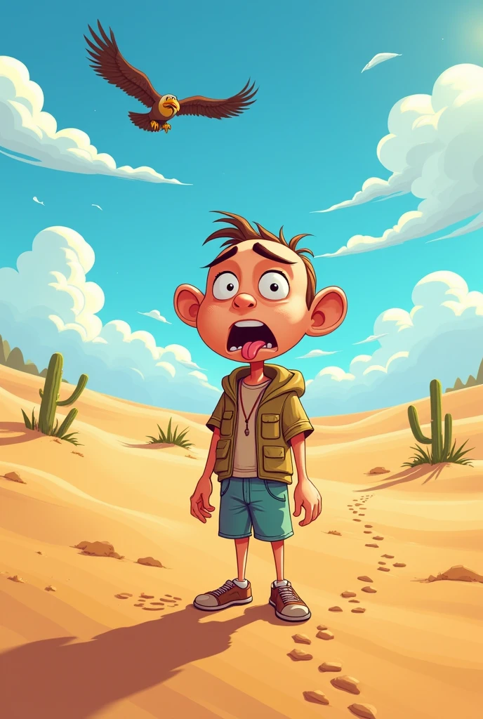 A cartoon man in the dessert with no water