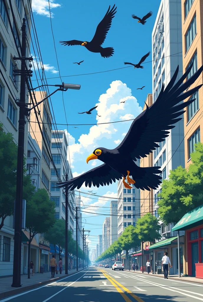 Draw a picture of a street and cities, let the road be seen, with wires on the lights and birds flying forward,as the way of passing through the street, a bird that looks big in anime style