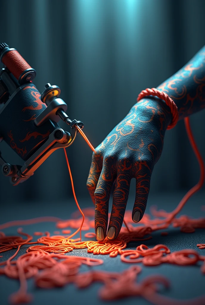 Create an image where you see a tattoo machine and an embroidery needle and thread and the image says yetty productions with embroidery thread and a sewing needle.