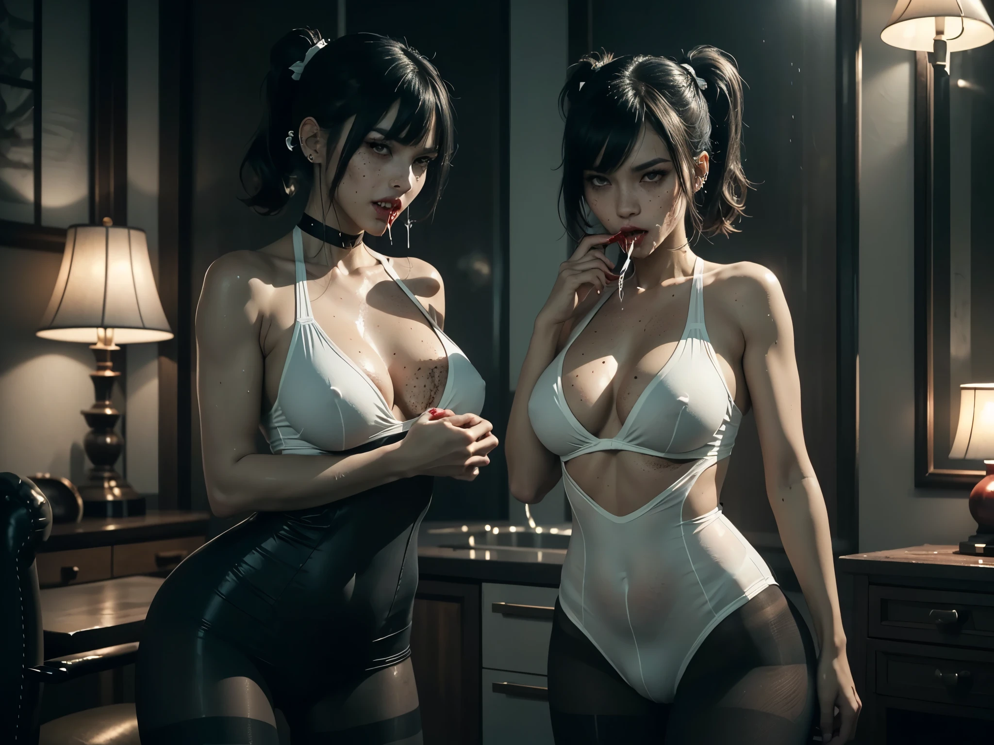 ((Pov )),, (she has your  in her mouth), (((red dripping blood))),  and perfect tight heart shaped , ((female vampire with sharp perfect fangs)), (She is sucking on a man's  to the hilt), she is biting into a man's  with her sharp fangs, intense, super slutty, (skintight slutty and revealing ), ((skirt/pantyhose)), perfect legs and skinny thighs, pantyhose, ((perfect tight )), tight wet , giantess, dread, impending death, , domination, ((Perfect eyes and face)), ((closed wet full lips)), ((perfect hands and fingers)), ((( a lot of white  is dripping out of her ))), ((she has a skinny and toned strong body)), ((makeup)), ((freckles)), ((perfect eyebrows)), ((sharper edges)), ((perfect scary grey eyes)), perfect intimidating face, slut, sadistic, predatory, better detail on her skin, perfect face and strong jawline, perfect full wet lips, sadistic atmosphere, wet sweaty skin, more detail, beautiful intimidating grey eyes, ((beautiful horror)), better lighting, more toned muscles, perfect detail on her intimidating eyes, very tight , ((tight )), (((tighter clothing))), slutty, intense, perfect detail, tight and , ((piercings)), skinny, skinny and strong, more skin showing, intense, slutty, freckles, long skinny perfect legs, scary and intense, she is a skinny and toned 25 year old  and perfect and intimidating Japanese/American skinny/tone futuristic evil retribuition alice, pale white skin, eye contact, (full tall body is shown), (((hair with short ponytails and bangs))), , perfect face and eyes, she has a skinny and athletic body wearing pantyhose, only her full body is shown above the viewer looking down at him, perfect face, perfect strong jawline, perfect lips, best resolution, perfect bone structure, femdom, she has a skinny and toned young perfect body and legs, tight stockings 