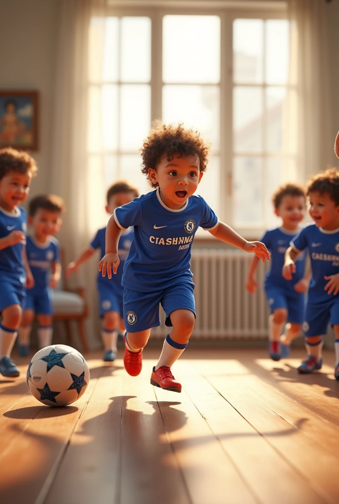 10 little kids wearing Chelsea jersey playing on the floor in a large room
