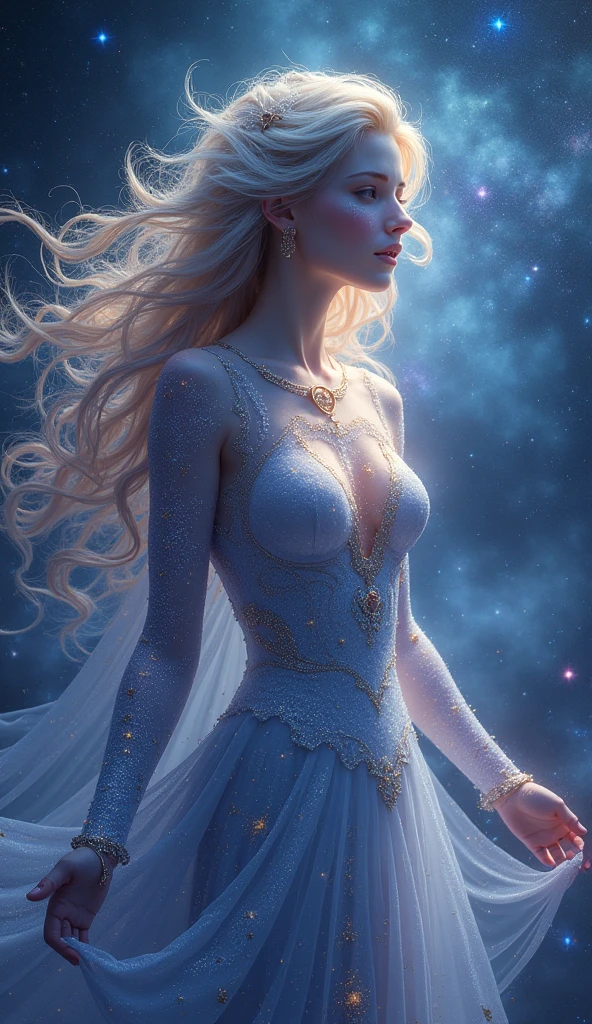 (Galactic Goddess:1.2), (celestial being:1.2), star-filled skin, flowing iridescent hair, ((masterpiece:1.4, best quality)), ((masterpiece, best quality)), (photo realistic:1.4), 1goddess, (divine female figure), ((glowing stars)), swirling nebulae, serene expression, (distant galaxies:1.2), cosmic attire, ((stardust gown, constellation patterns, celestial symbols)), ((floating asteroids:1.2)), shooting stars, radiant auroras, rich colors, deep blues, purples, hints of gold and silver, harmonious composition, magical, otherworldly, cosmic beauty, sexy pose,clean facial expression, professional lighting, physically-based rendering, ethereal, majestic, Rich Detail, Perfect Image Quality